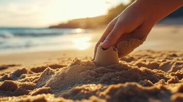 Child's hand shaping sandcastle on a beach at sunset. photo