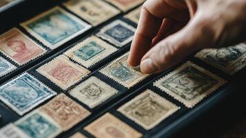 Hand selecting a vintage postage stamp collection. photo