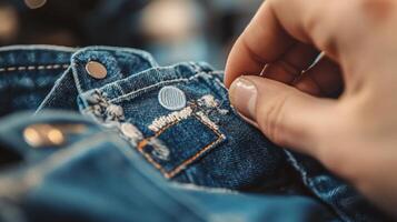 Close-up view of a person's hand examining denim fabric. photo