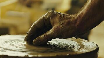 Close-up view of a hand shaping clay on a potter's wheel. photo