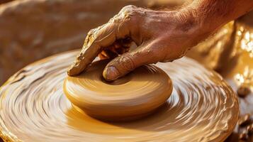 Skilled hands shaping clay on a potter's wheel. photo