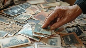 Elderly hand carefully examines old photographs. photo