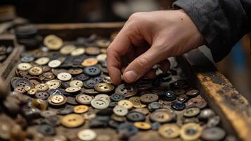 A hand selecting a button from a collection of vintage buttons. photo