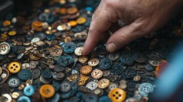 A hand selecting a button from a collection of colorful buttons. photo