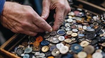Aged hands carefully sort numerous vintage buttons. photo