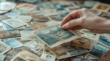 A collection of antique photographs being examined. photo