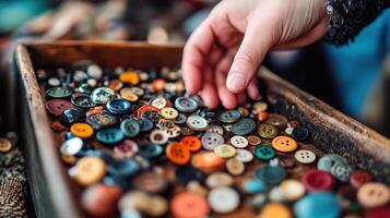 Wooden tray filled with colorful buttons, hand reaching in. photo