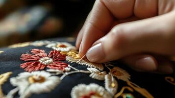 Close-up view of hands embroidering intricate floral designs. photo
