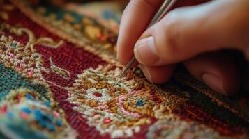 Close-up view of intricate carpet weaving detail. photo