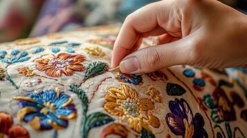 Close-up view of meticulous embroidery work on a fabric. photo