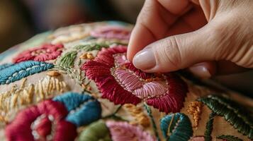 Close-up view of intricate embroidery work in progress. photo