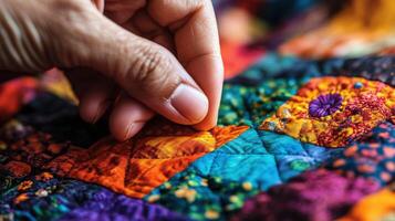 Close-up view of a hand meticulously sewing a vibrant patchwork quilt. photo