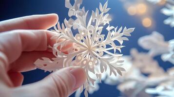 Delicate paper snowflake held in a hand against a blurred background. photo