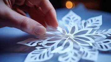 Close-up of delicate paper snowflake being manipulated by a hand. photo