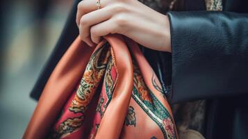 Close-up view of a patterned scarf held by a hand. photo