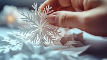 A delicate paper snowflake being held by a hand. photo