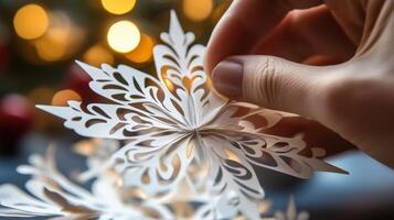 Close-up of hands arranging decorative paper snowflakes. photo