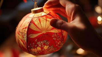 Hand delicately holding a decorative lantern sphere. photo