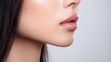 A woman's face with long hair and a light pink lip photo