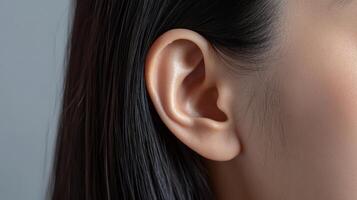 Close-up view of a human ear and hair. photo