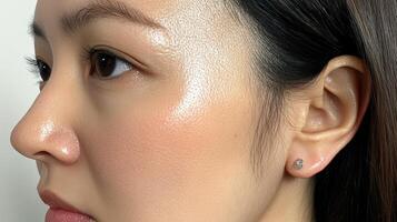 Close-up view of a woman's face with light makeup. photo
