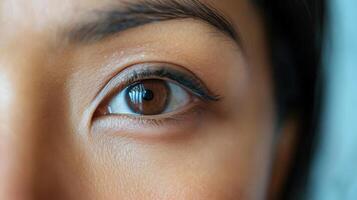 Close-up view of a person's brown eye and surrounding facial area. photo