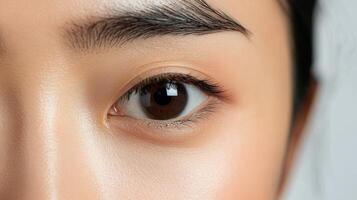 Close-up view of a woman's eye and surrounding facial features. photo