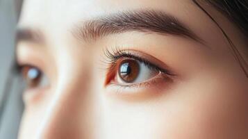 Close-up view of a person's eyes and face features. photo