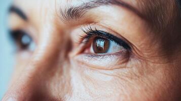 Close-up view of a person's eyes and facial wrinkles. photo