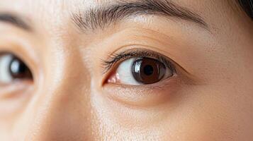 Close-up view of attentive eyes on a neutral face. photo