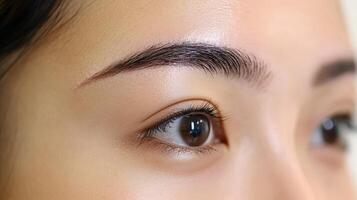 Close-up view of precisely shaped eyebrows on a light-skinned face. photo
