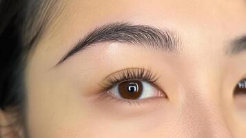 Close-up view of expertly shaped eyebrows on a person. photo