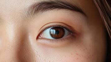 Close-up view of a person's eye with light reflecting within. photo