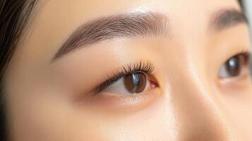 Close-up view of a person's eyes and eyebrows, beautifully groomed. photo