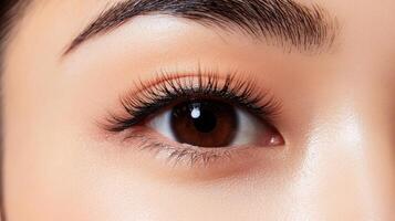 Close-up view of a woman's eye with enhanced lashes. photo
