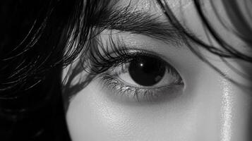 Close-up grayscale portrait of a person's eye. photo