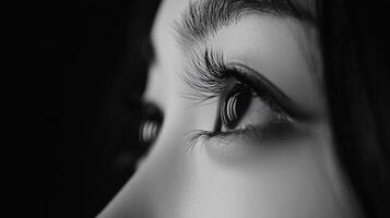 Close-up grayscale profile view of a person's eyes and face. photo