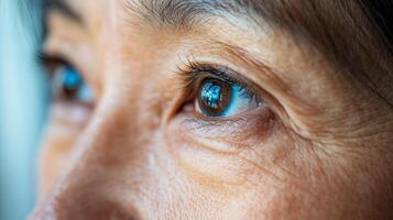 Close-up view of thoughtful, aging Asian woman's eyes. photo