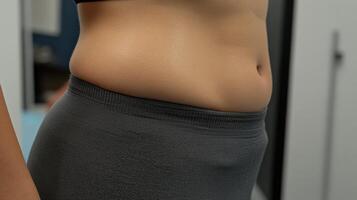 Close-up view of a woman's midsection in grey clothing. photo