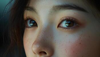 Close-up view of a young woman's expressive face. photo