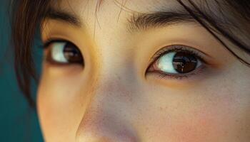 A close up of a woman's face with brown eyes photo