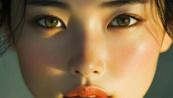 Close-up portrait of a young woman's face with soft lighting. photo