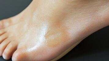 Close-up view of a foot with a light-colored substance applied. photo