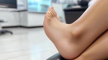 Bare feet resting on a dark surface in a medical setting. photo