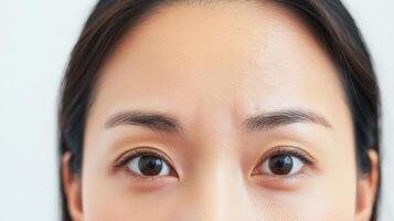 Close-up view of a person's neutral facial expression. photo