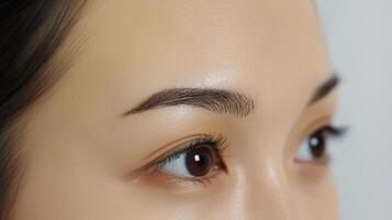 Close-up view of a person's face with permanent eyebrow makeup. photo