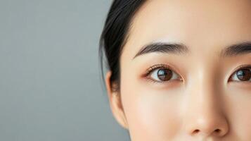 Close-up of a person's face with gentle makeup. photo