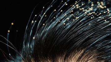 Close-up view of dark hair strands with fine particles. photo