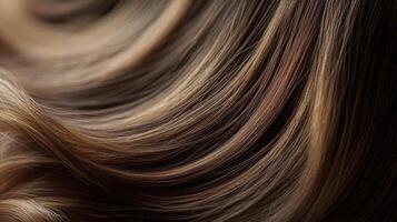 Close-up view of flowing, healthy, brown hair strands. photo