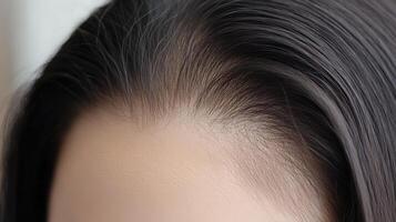 Close-up view of a woman's smooth scalp and hair. photo
